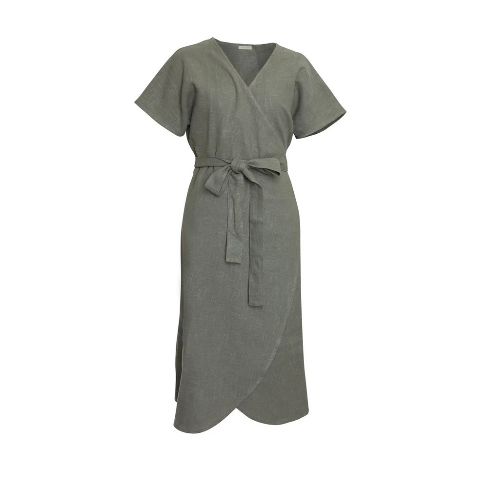 Minimalist Sage Green 100% Linen Wrap Dress Fits Sizes 0-6 Giannetti Made in USA